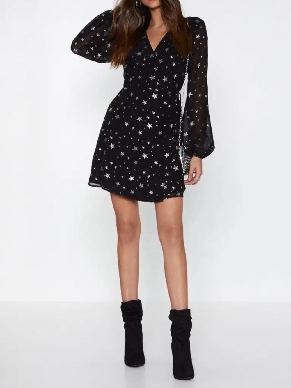 Nastygal Black Star Print Long-Sleeve Wrap Dress